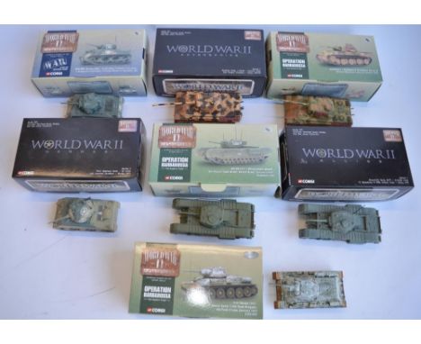 A collection of mostly boxed 1/50 die-cast tank models, by Corgi, Solido, Victoria, Atlas Editions etc. Includes 2 Corgi Pant