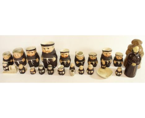 Collection of Goebel Monk Friar Tuck jugs, salt and peppers, match box holder etc, and a Beswick Monk decanter and other monk