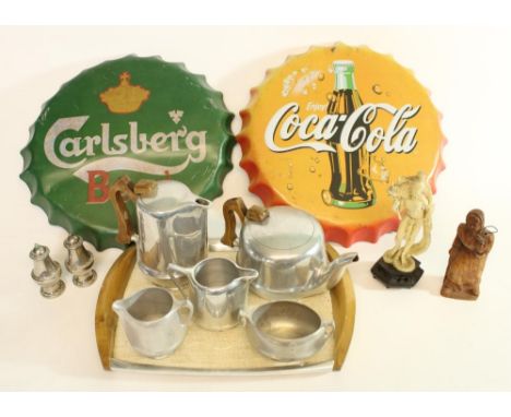 Piquot Ware tea service, Carlsberg and Coca Cola tin signs and other misc. collectables, (qty) 
