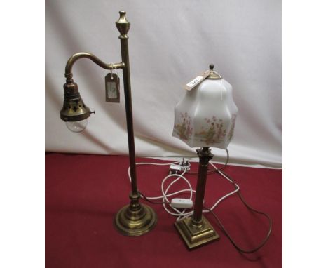 Early C20th brass corinthian column table lamp on square stepped base, with opaque glass shade decorated with oriental scenes