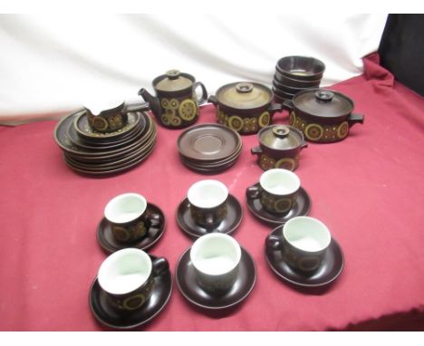1970's Denby Arabesque thirty six piece part dinner and tea service, comprising dinner plates, lidded tureens, bowls, cups, s