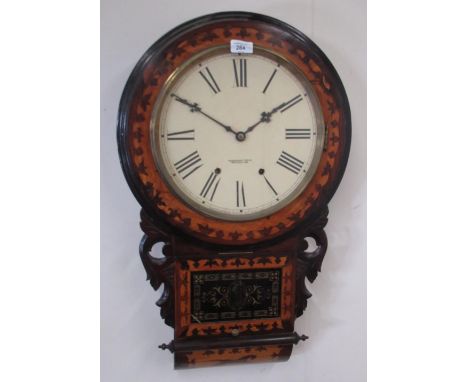 Newhaven Clock Co., Newhaven Conn, late C19th/early C20th inlaid walnut drop dial wall clock, brass bezel enclosing later rep