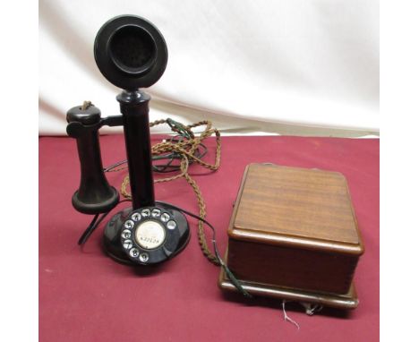 1930's black painted and bakelite candlestick dial telephone with mahogany bell box, H32cm 