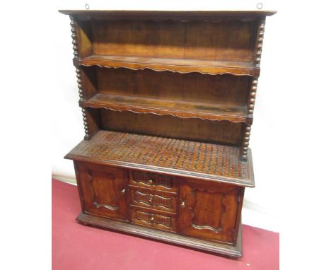 Late C20th miniature Welsh dresser, two open shelves, with turned bobbin spindles, over three central drawers flanked by two 