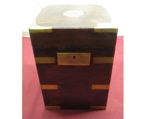 Late Victorian oak brass bound decanter box, with inset cartouche and screwed escutcheon, inset brass carrying handles with f
