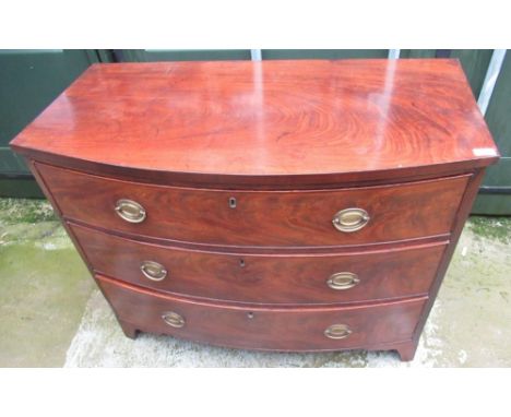 C19th mahogany bow front chest with three long drawers, brass drop handles on bracket feet, W106.5cm D53.5cm H84.5cm 