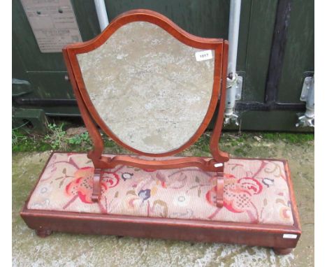 C19th mahogany Hepplewhite style dressing table mirror H57cm, late C19th mahogany footstool with drop in padded needlework pa