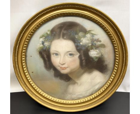 English School (19th Century); Head and shoulder portrait study of a young girl in white dress, her hair in ringlets and with