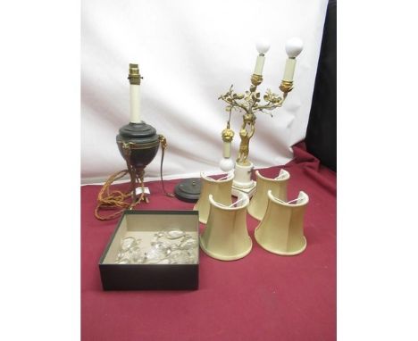 Late C19th French gilt and white marble three branch candelabra, naturalistic scroll arms supported by cherub, on circular wh