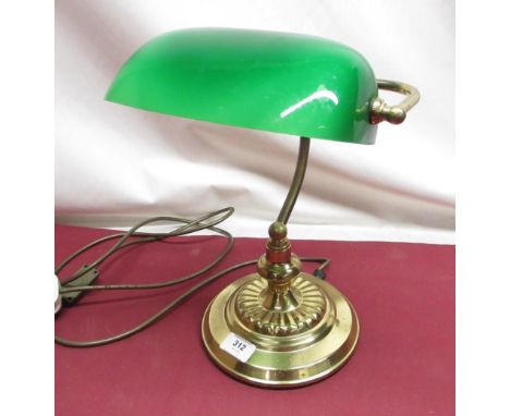Concept Lighting C20th Victorian style bankers lamp with green tinted shade on circular brass base, H36cm 