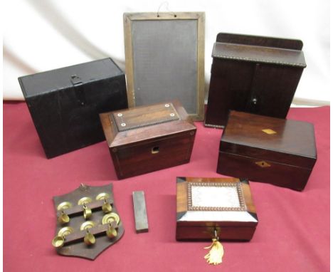 C19th rosewood tea caddy with mother of pearl and white metal inlay, W20.5cm D13cm H14.5cm, early C20th writing slate with be