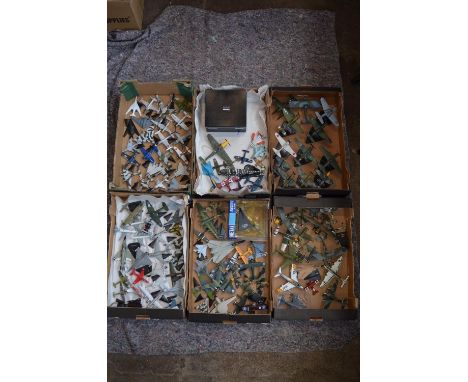 A large collection of model aircraft in various scales, many with stands. Includes a Corgi 1/72 Sea Harrier (damaged but repa