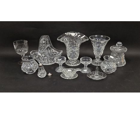 Collection of cut impress moulded 20th century glass including a flower vase with cut rim, compressed form, cut with stars an