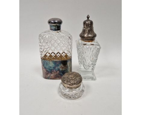 Cut glass hip flask&nbsp;with silver-plated cup and lid,&nbsp;a silver-mounted cut glass sugar caster&nbsp;and a small pill p