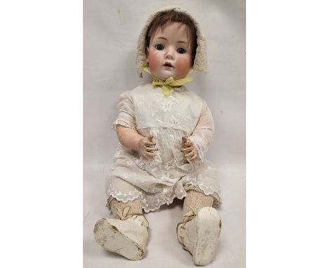 Bahr &amp; Proschild bisque headed baby doll&nbsp;with sleeping blue eyes, moulded composition limbs, in white embroidered ga