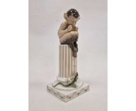 Royal Copenhagen figure of a faun with lizard on a fluted column, printed and painted blue and green marks, numbered 433, mod