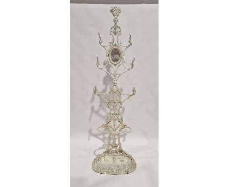 Victorian white painted iron hall stand&nbsp;with scroll supports, mirror and stick stand&nbsp;Condition ReportOxidation to l