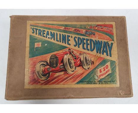Vintage boxed Louis Marx &amp; Co Streamline Speedway clockwork racing game containing&nbsp;track and two cars