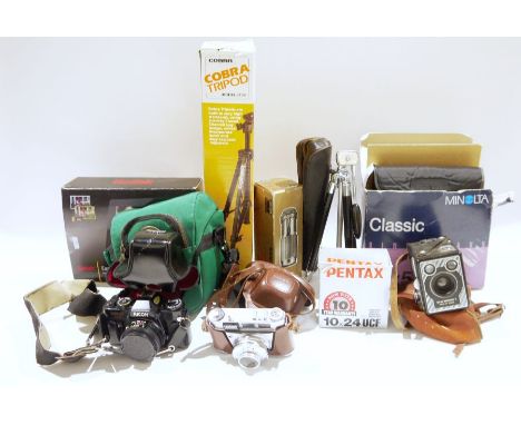 Collection of cameras, binoculars&nbsp;and related accessories including a Cobra tripod model CT20, a Kodak Easyshire P85 dig