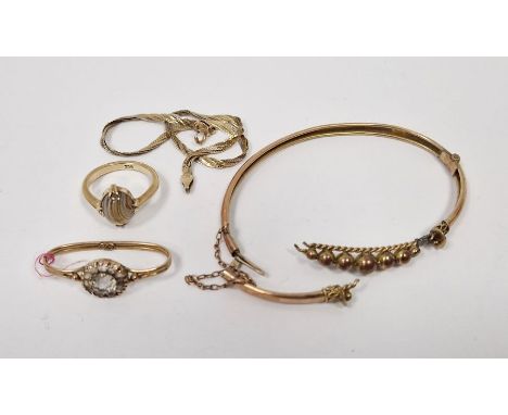 Gold ring with paste cabochon, marked 9ct, a paste scarf ring&nbsp;marked 9ct, a gold three-colour gold bracelet marked 9kt a