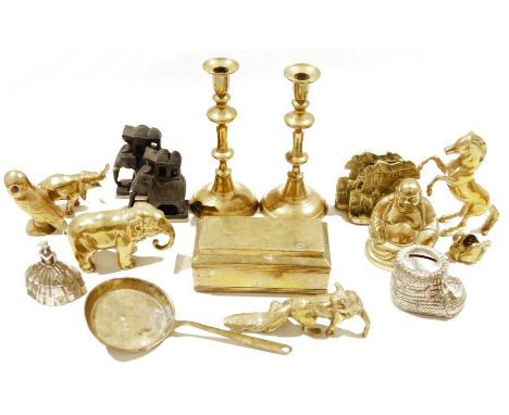 Assorted brassware and collectables&nbsp;including a pair of brass baluster candlesticks, a mid-century white metal money box