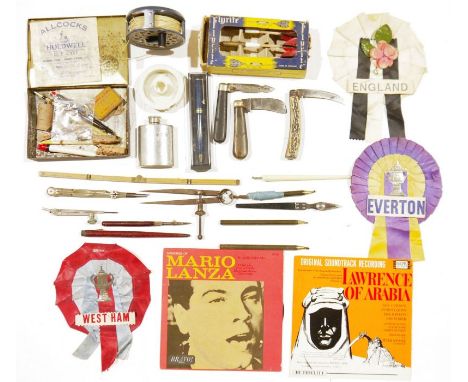 Vintage fishing reel and other fishing accessories, three football rosettes&nbsp;for Everton, West Ham and England, a boxed s