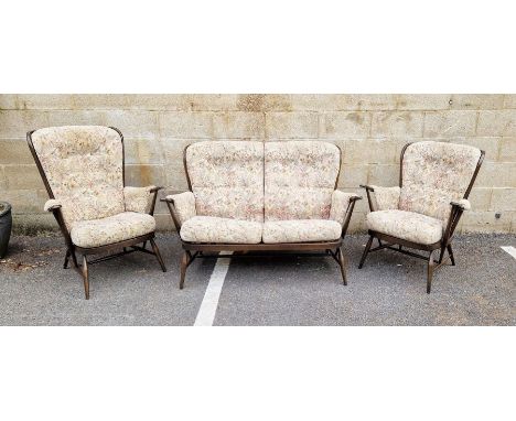 Ercol-style dark oak three-piece cottage suite, viz: 2 seater sofa and 2 armchairs