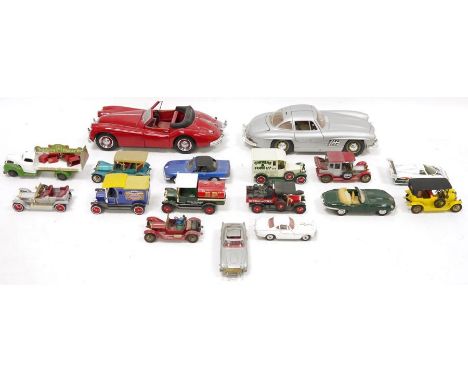 Playworn diecast model cars to include Burago Mercedes 300 SL, Sun Star Jaguar XK140, Corgi Jaguar XJR9, Corgi Toys 007 James