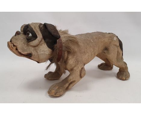 Victorian bulldog automaton on wooden wheels, with articulated growling mouth, glass eyes, nodding head, papiermache body wit