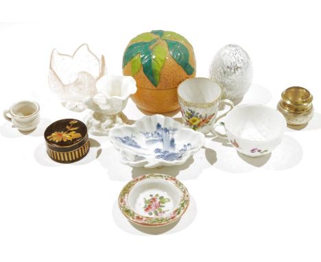 Collection of glass and porcelain, including an 18th century Meissen spirally moulded teacup painted with brocades of flowers