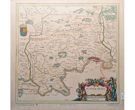 Three framed 20th century prints of maps,&nbsp;comprising: a coloured print after Johannes Blaeu, Atlas Novas 1648, part of H