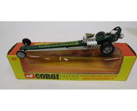 Three boxed Corgi Toys Whizzwheels diecast model cars to include 161 Santa Pod Raceway's Commuter Dragster, 162 Quartermaster