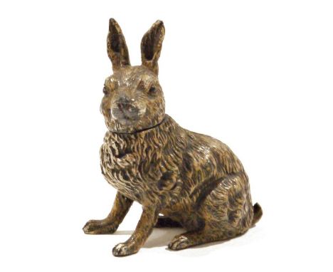 Cold-painted white metal hare inkwell&nbsp;having hinged head, 14cm high&nbsp;