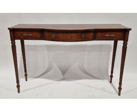 Reproduction mahogany brass line inlaid and banded console table, the bowfront fitted drawer to frieze and on four reeded tap