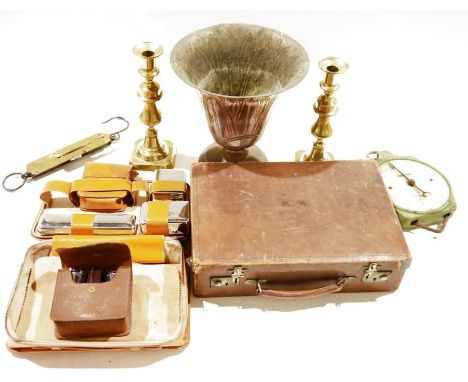 Assorted collectables&nbsp;to include, a pair of brass baluster candlesticks, Slaters scales and Slaters pocket balance no.3,