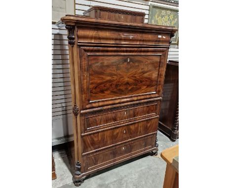 19th century mahogany escritoire&nbsp;having raised box top with single drawer, ogee mould frieze drawer, the moulded panel f