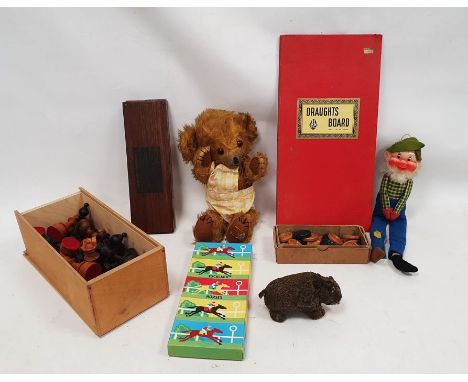 Vintage Children's toys to include a tinplate wind up grizzly bear, Chad Valley horses from Escalado set, Draughts, Merrythou