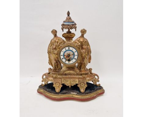 Late 19th/early 20th century gilt metal-mounted and Sevres-style mounted mantel clock, cast with a swag urn above two garland