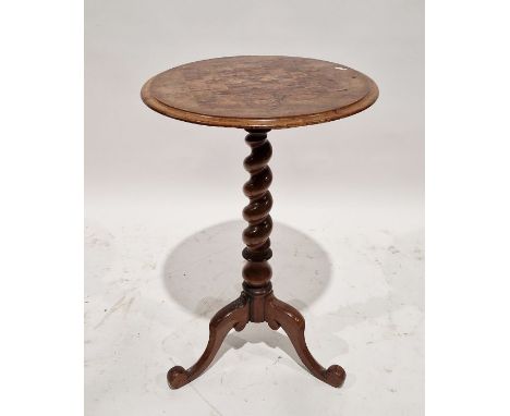 Victorian mahogany circular occasional table with chess board inlaid top, barley twist support and tri-pod base, measuring ap