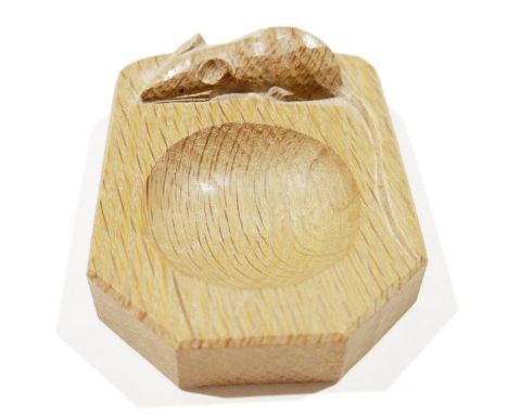 Robert Thompson 'Mouseman' carved oak ashtray&nbsp;of canted rectangular form carved with a signature mouse, 10cm x 7.8cm&nbs