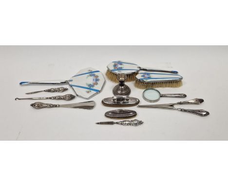 Hallmarked silver squat candlestick, 6cm high,&nbsp;a selection of silver-handled dressing items including glove stretchers, 