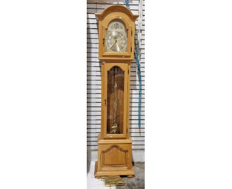 Modern oak cased reproduction longcase clock&nbsp;having broken-arch brass dial, glazed doors to hood and trunk, 224cm high&n