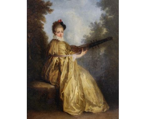 After Jean-Antoine Watteau (1684-1721) French. Portrait of a Lady playing a Lute in a Landscape, Oil on Panel in an Ornate Co