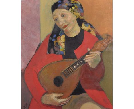 Andra Otto (1970    ) Latvian. "Sieviete ar Mandolin", A Woman Seated Playing a Mandolin,  Oil on Canvas, Signed, Inscribed a