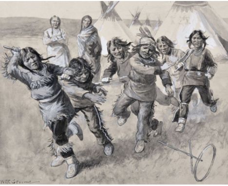 William Henry Charles Groome (1854-1913) British. Native American Children Playing with Sticks and a Hoop, Watercolour, Signe