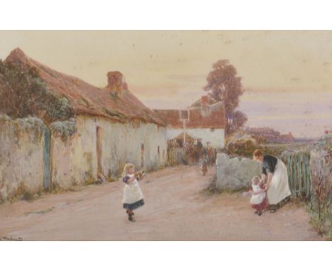 John White (1851-1933) British.  Figures on a Country Lane with a Young Girl playing a Trumpet, Watercolour, Signed and Inscr