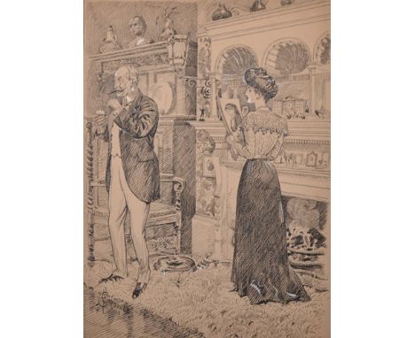 Alfred Chantry Corbould (1852-1920) British. An Interior of a Drawing Room, with a Lady watching a Man Light a Cigar, Ink, Si