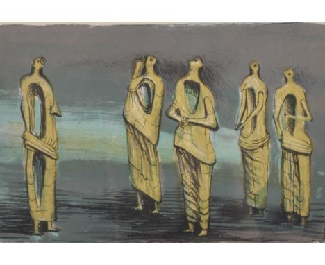 Henry Moore (1898-1986) British. "Standing Figures", Lithograph, 5.25" x 8". Provenance; Goldmark Gallery - The Estate of the