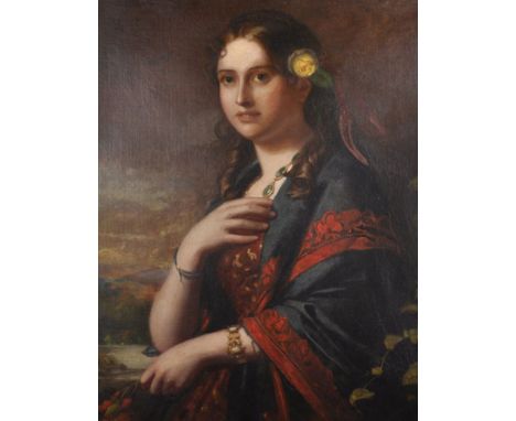 19th Century English School. Portrait of a Lady wearing a Green and Red Shawl, Holding A Flower Stem, seated in a Landscape, 