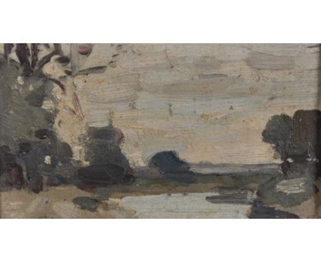 Attributed to Harry Becker (1865-1928). British. A Sketch of a River Landscape, Oil on Artist's Board, 3.75" x 6.75".
